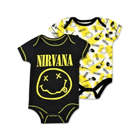 Baby Face Photo - Nirvana Baby Boys' 2 Pack Bodysuit Smiley Face Logo Black / Yellow 3-6M