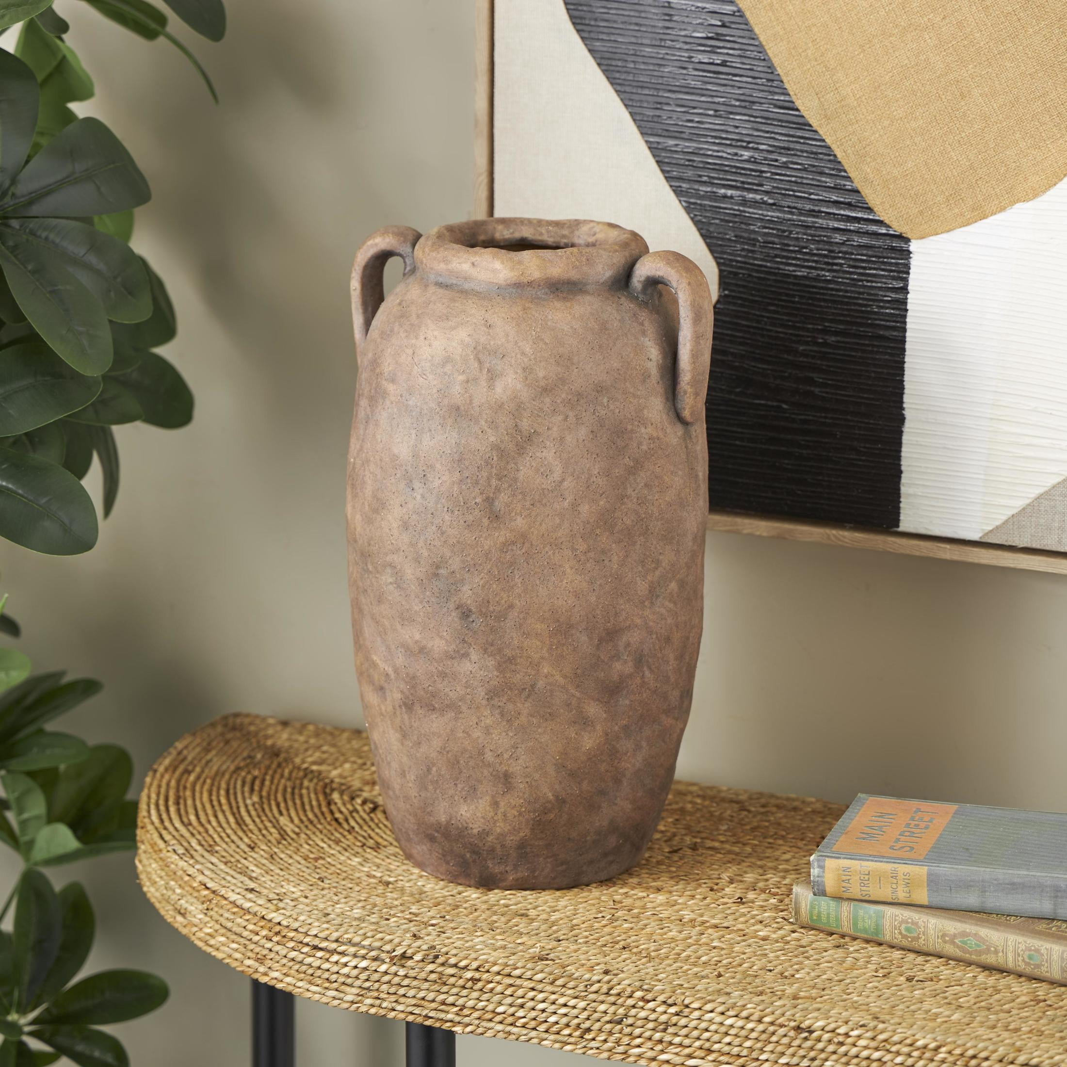 DecMode 17" Antique Style Textured Brown Ceramic Vase with Handles