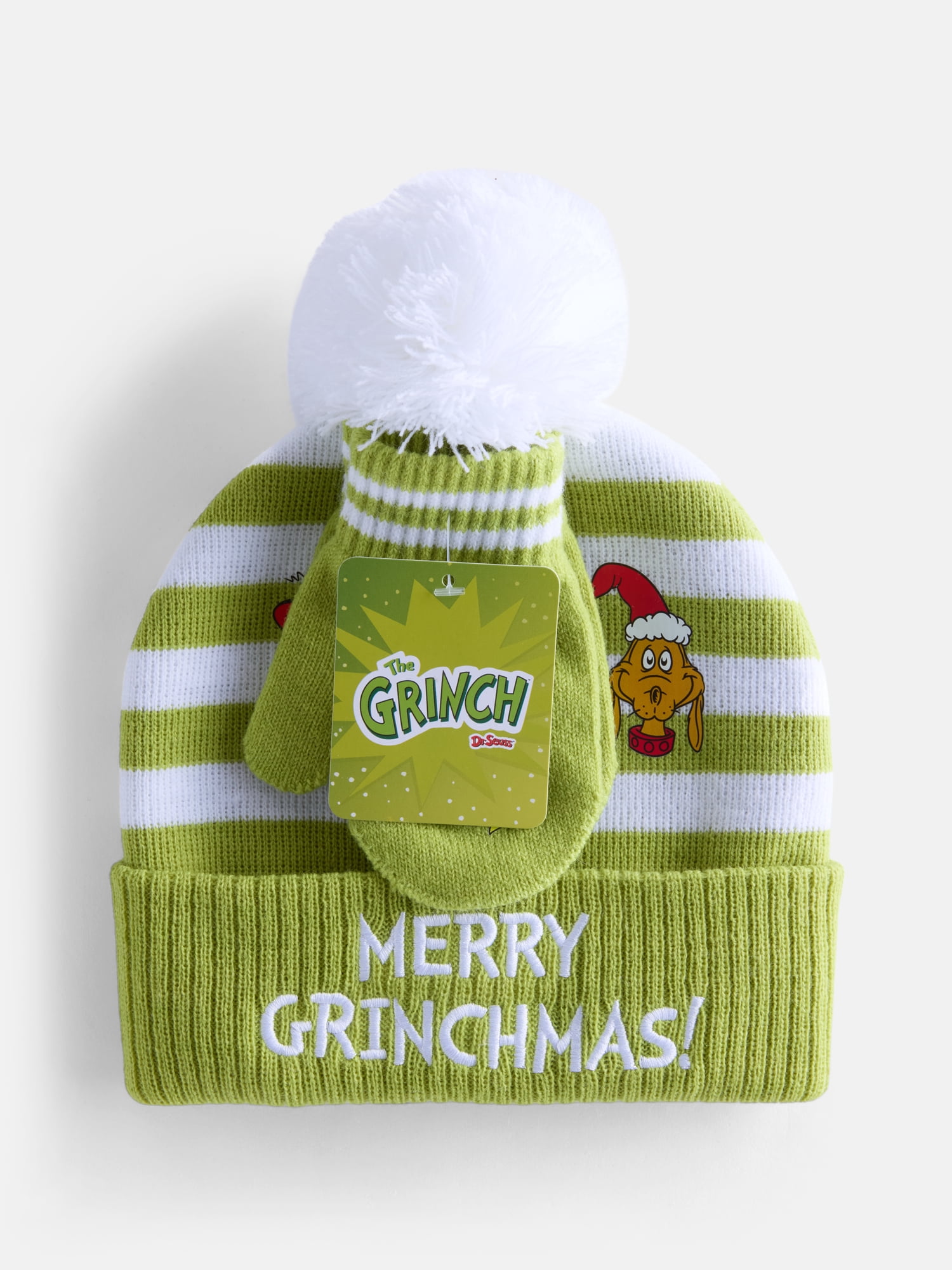Dr. Seuss Toddler Boys or Girls The Grinch Knit Beanie and Mittens Set, 2 Piece, One Size