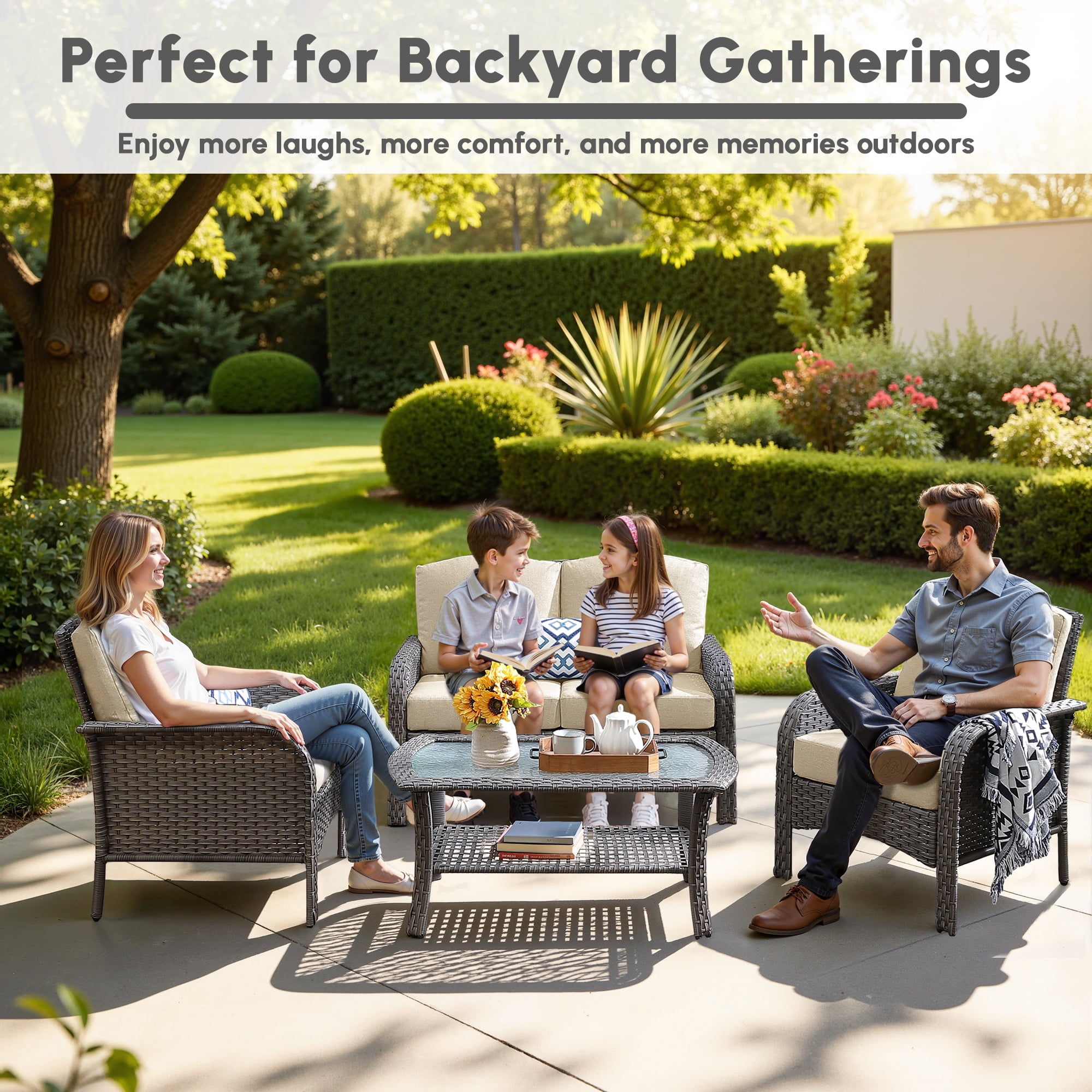Ovios 4 Pieces Wicker Outdoor Patio Furniture with Coffee Table High Back All Weather Rattan Outdoor Sectional Conversation Set for Backyard Porch Garden, Beige