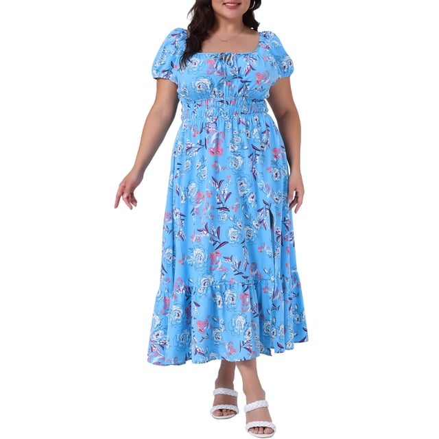 GRACE & GRANDEUR Vestido Floral de Talla Grande para Mujeres con Cuello Cuadrado Atado, Cintura Fruncida, Manga Corta, Abertura Lateral, Vestido Maxi A Linea de Playa 1X Azul