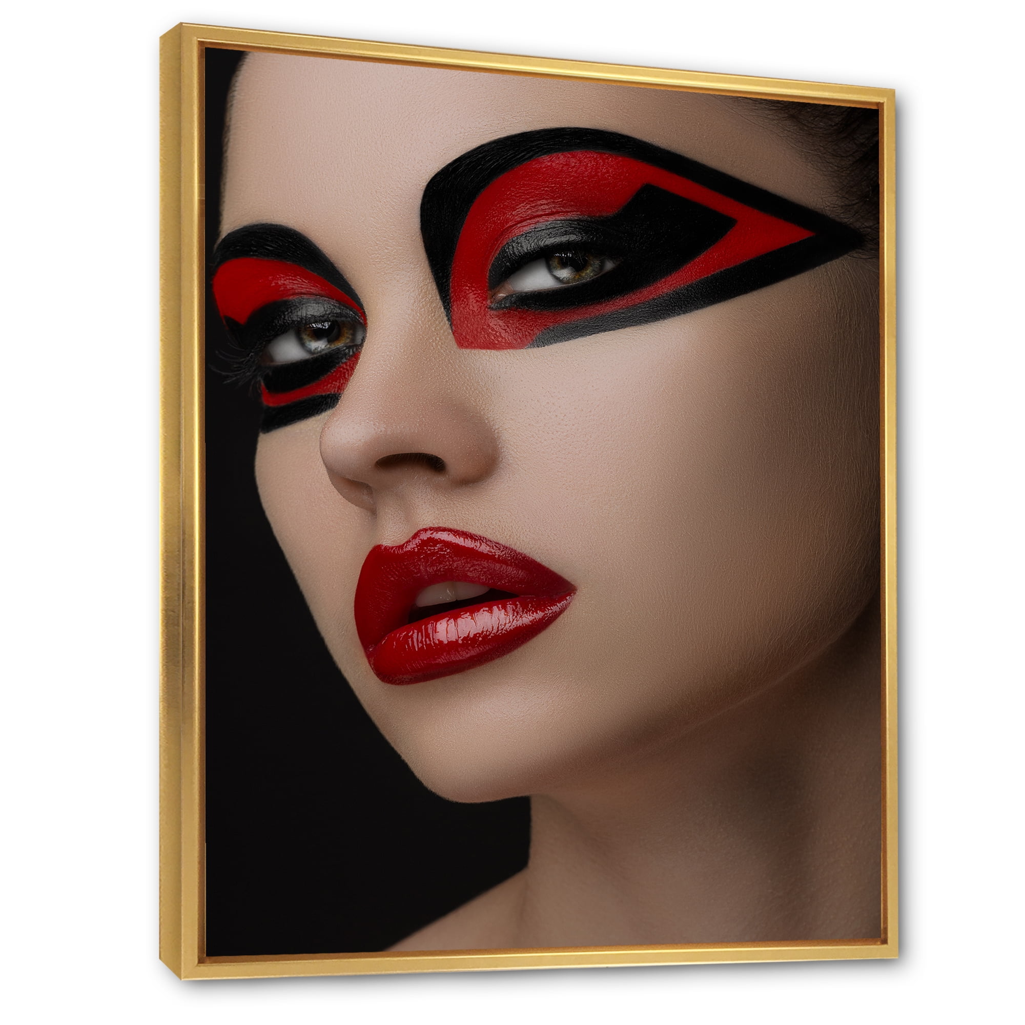Designart 'Red Lips Black Makeup On The Eyes of Mask Girl' Modern Framed Canvas Wall Art Print