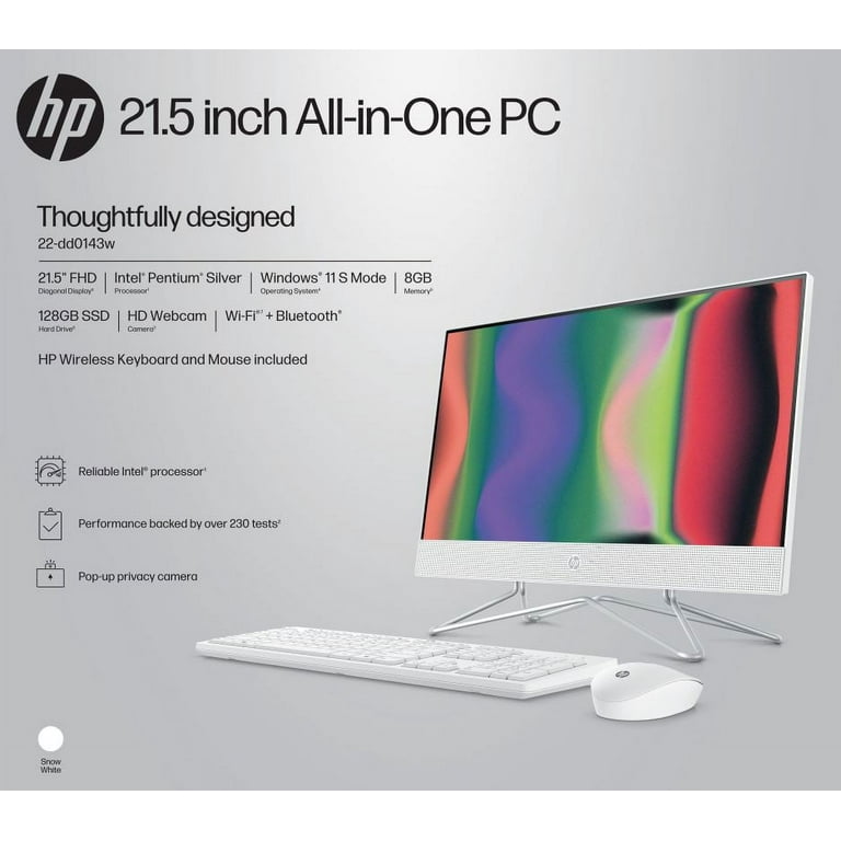 HP 21.5 All-in-One PC, Intel Pentium, 8GB Memory, 128GB SSD, Windows 11  Home S mode, White, 22-dd0143w