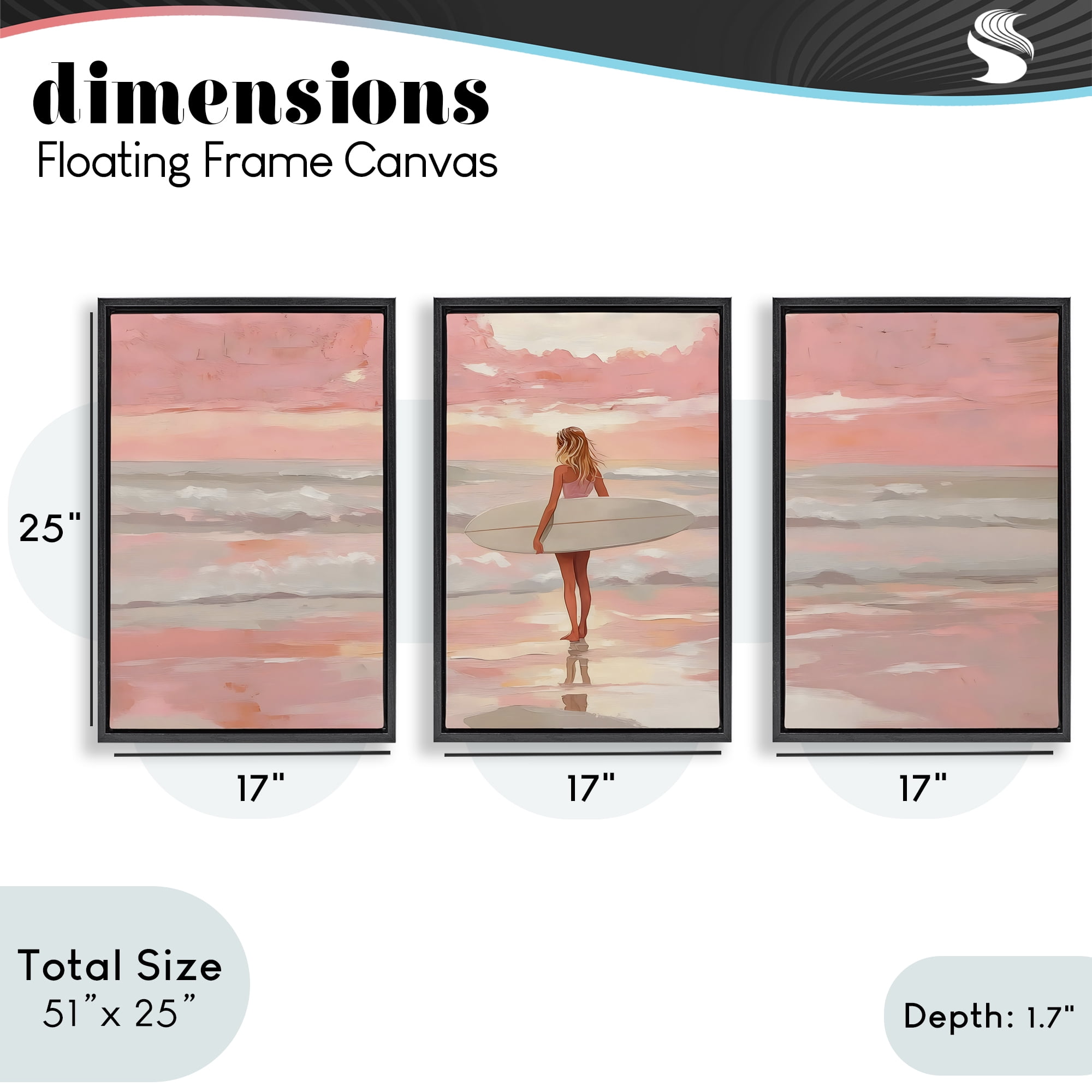 Stupell Industries Pink Sky Surfer Sunrise 3 Piece Black Framed Floater Canvas Set, design by LSR Design Studio