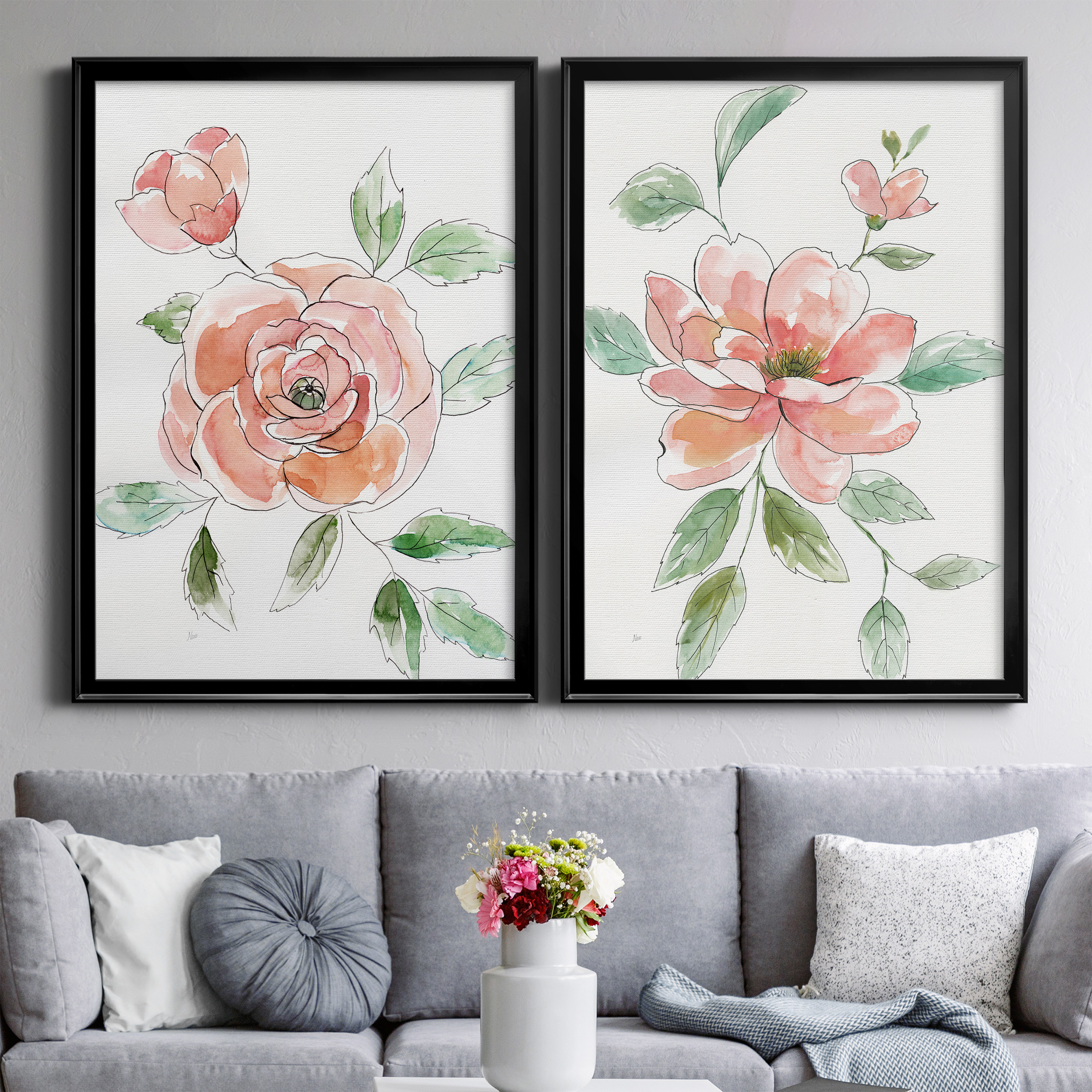 2 Piece Set Rose Contour Premium Framed Canvas - Ready to Hang - 26.5 x 36.5 Each - Black Frame