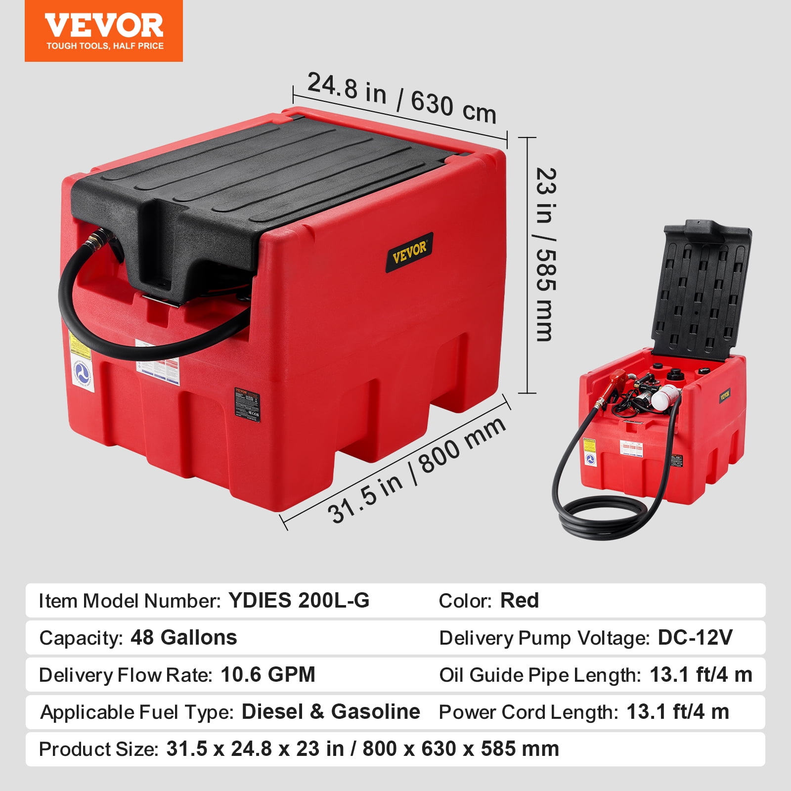 VEVOR Portable Diesel & Gasoline Tank, 48 Gallon, 10.6GPM Flow Rate, Diesel Fuel Tank with 12V Electric Transfer Pump,13.1ft Hose,Auto Fueling Nozzle, Transfer Tank for Easy Fuel Transportation,Red