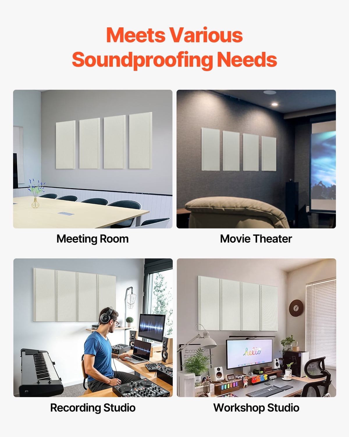 VEVOR 4 PCS Acoustic Panels, 2 inch Thick 23.6 x 11.8 inch Fiberglass Sound Absorbing Panels, Self-adhesive Soundproof Wall Boards, for Studios, Office, Home Theater,Meeting Room, Beige