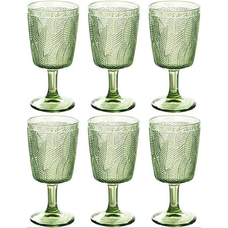 

Green Wine Glasses set of 6 Colored Water Drinking Goblets 11 Ounces Vintage Embossed Leaf Pattern Non-Slip for New Year Christmas Wedding Party