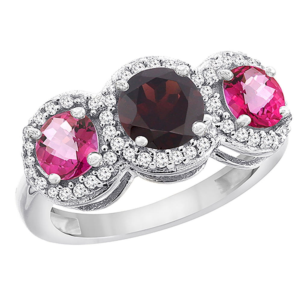 10K White Gold Natural Garnet & Pink Topaz Sides Round 3-stone Ring Diamond Accents, sizes 5 10 by WorldJewels