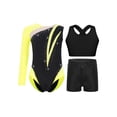 thumbnail image 1 of inlzdz Dance Unitards for Girls Shiny Rhinestones Color Block Asymmetrical Skating Leotard with Fluorescent Yellow 8, 1 of 5