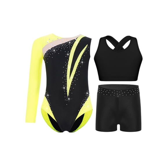inlzdz Dance Unitards for Girls Shiny Rhinestones Color Block Asymmetrical Skating Leotard with Fluorescent Yellow 14