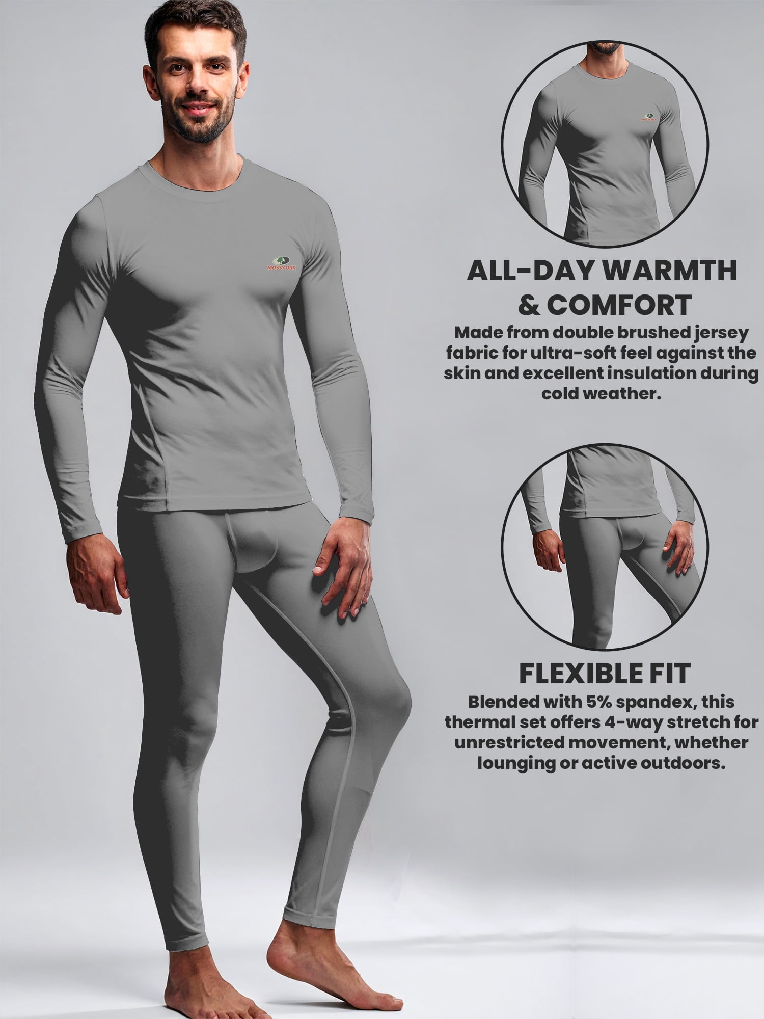 Mossy Oak Men’s Base Layers Set Compression Pants & Shirt Thermal Wear for Men, Grey Melange Small