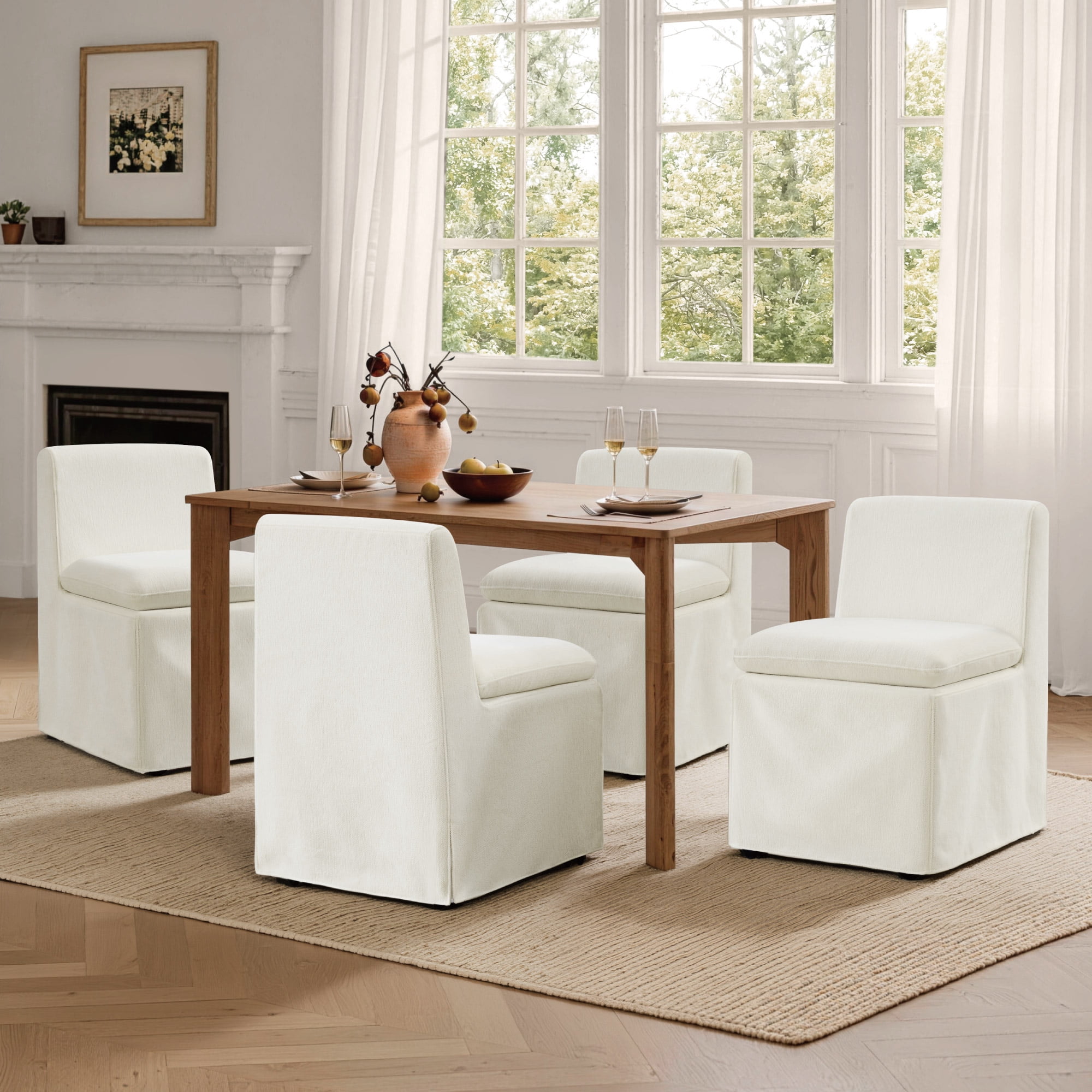 Spruce & Spring Armless Dining Chair with Casters and Washable Slipcover Set of 2, Linen in Fabric