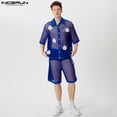 thumbnail image 4 of INCERUN 2024 Conjuntos de moda sexys para hombre, camisa de manga corta con decoración de flores huecas de malla, pantalones cortos, ropa de club informal, conjuntos de dos piezas S-5XL, 4 of 5