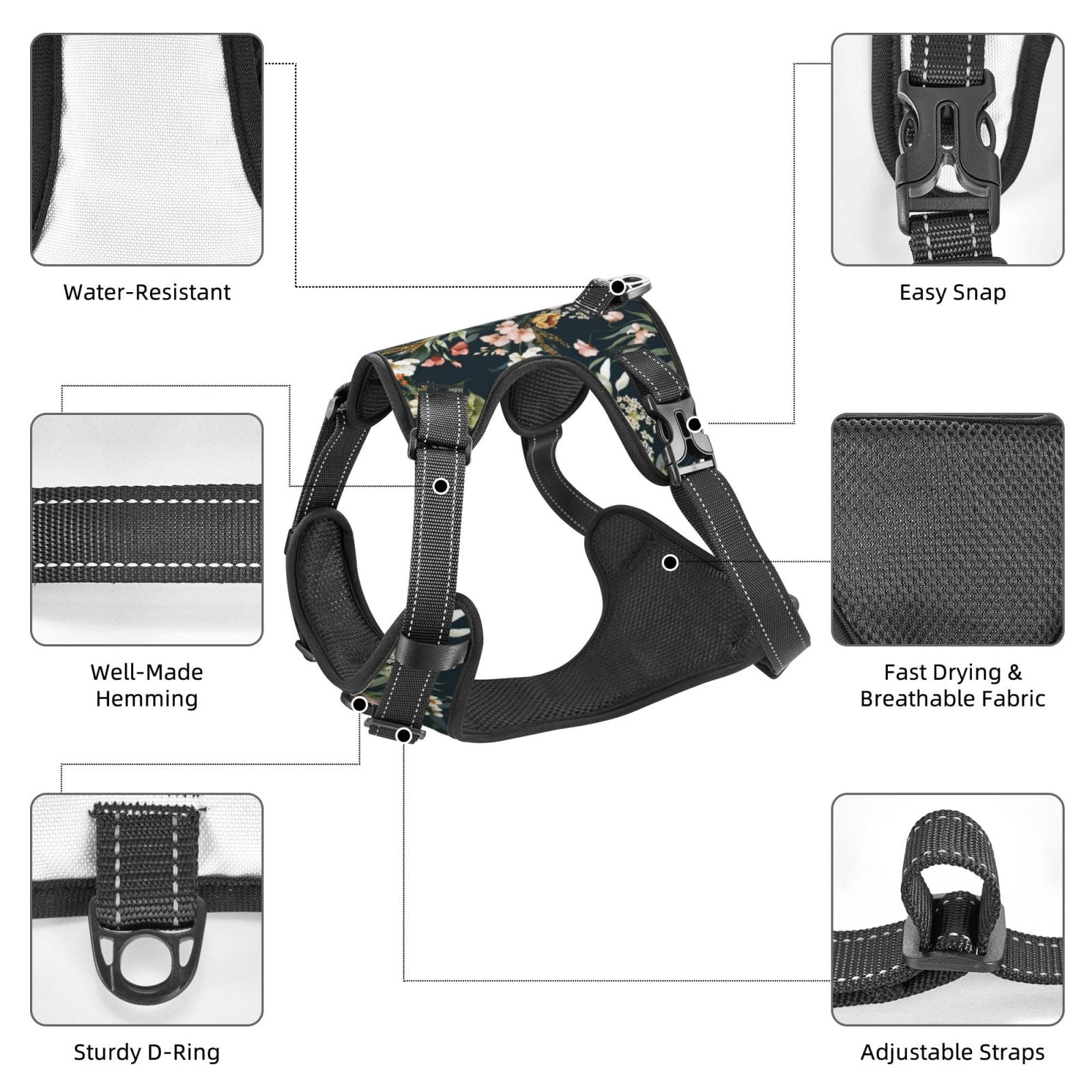 Kdxio Watercolor Floral Print No Pull Dog Harness Adjustable Reflective Oxford Easy Control Medium Large Dog Harness for Training and Everyday-X-Large