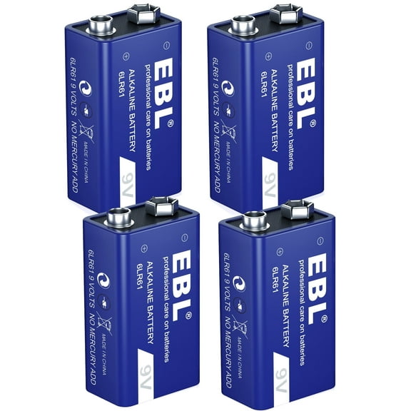 EBL 9V Alkaline Battery - Long Lasting 9 Volt Battery for Smoke Alarms, Electronic Toys and More - Pack of 4