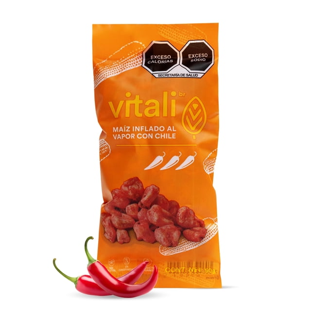 VITALI | Snacks Saludables - Caja Maíz Inflado al Vapor con Chile x 14 | 50gr por unidad | Botanas Horneadas Saludables Maiz Sabor chile y crujientes | Sin Gluten | Producto Vegano y 100% N