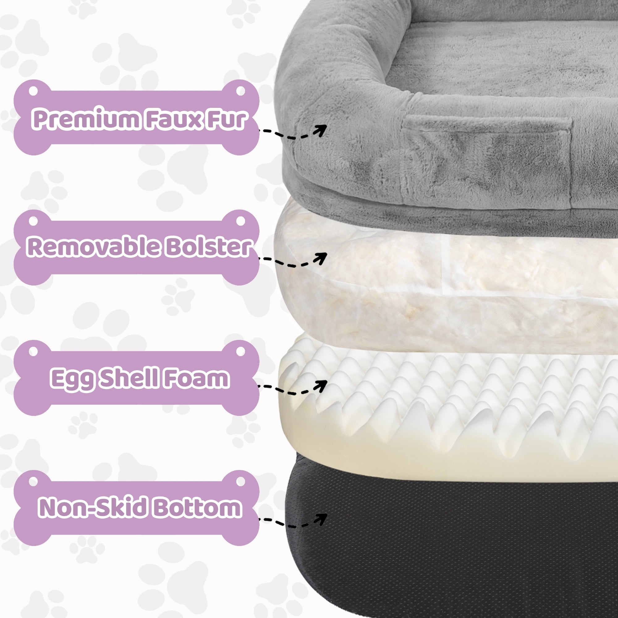 KROFEM Cozy Human Dog Rest Bed, 71"x43"x10" Orthopedic Memory Foam with Soft Bolster, Washable Plush Cover Non-Slip Base and Side Storage Pocket for Adults and Pets, Black, Light Grey