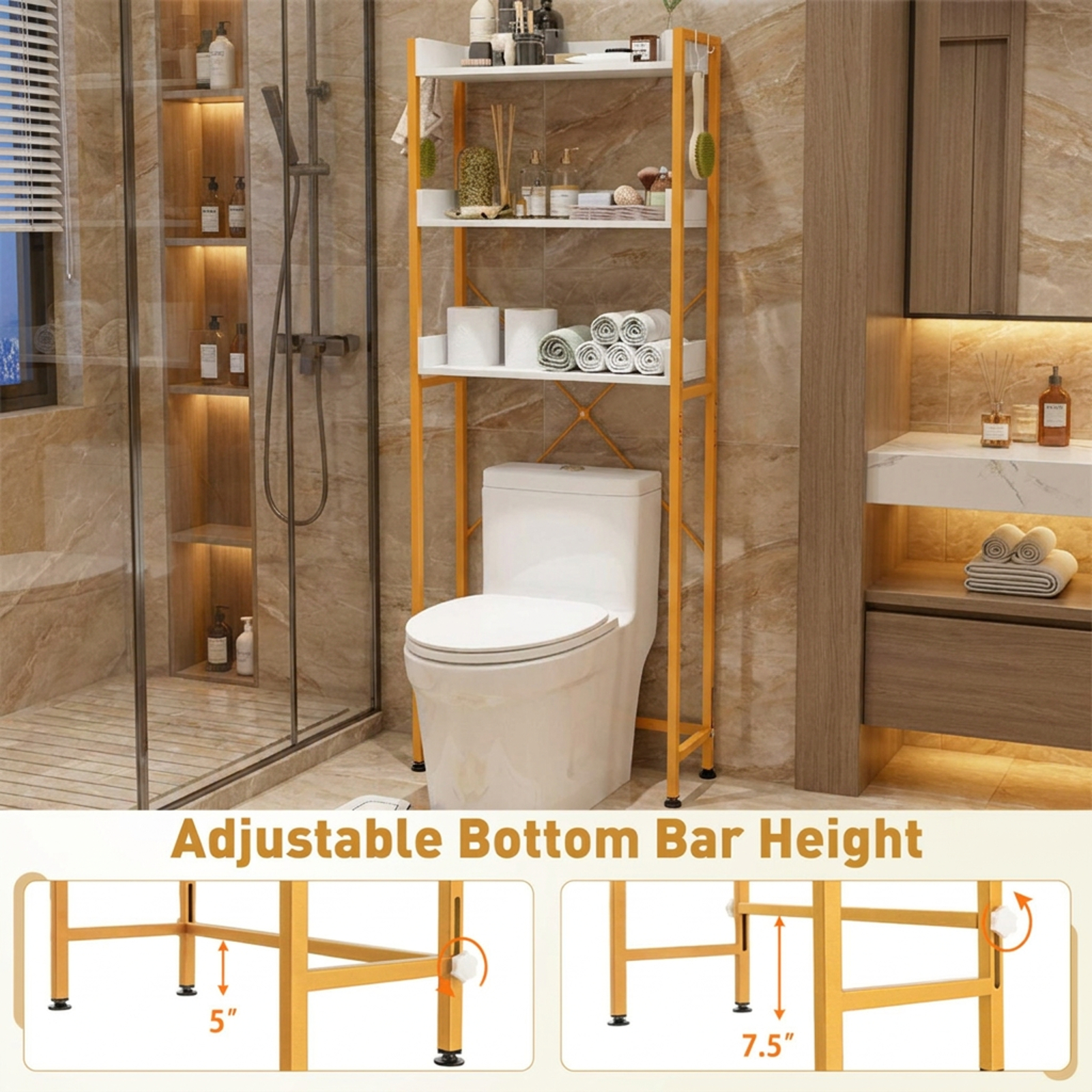 SUGIFT Over the Toilet Storage Rack with 4 Side Hooks 3 Tier Open Shelves Adjustable Bottom Bar Rustproof Metal Frame and X Shaped Structure, White