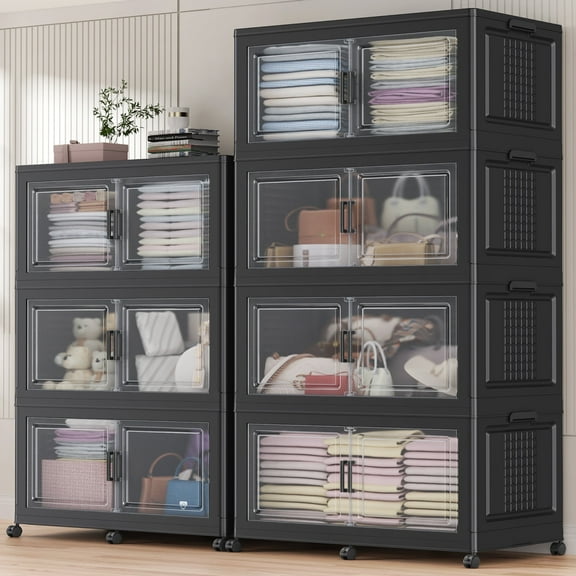 Broview 350Gal Extra Large Stackable Storage Bins with 2 Lids & Wheels, 7Pack Plastic Collapsible Box with Dividers, Closet Organizers Cabinet, Black