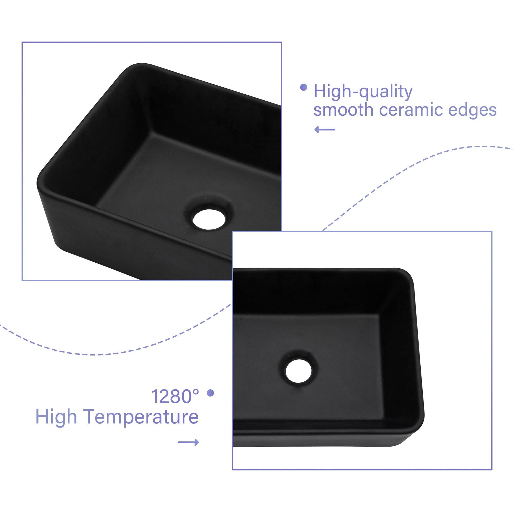 16"×12"×5.5"  Black Ceramic Rectangular Countertop Bathroom Sink