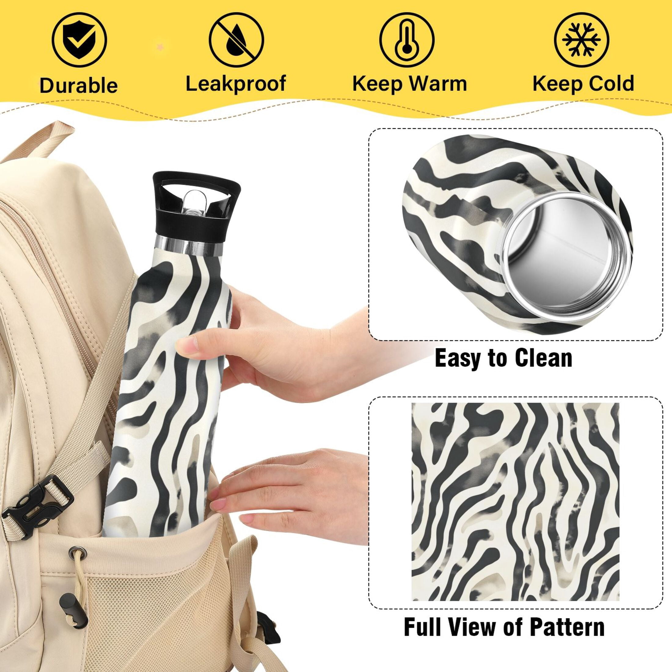 Kids Insulated Stainless Steel Sports Water Bottle 600ml (20oz) Black and White Shapes Pattern