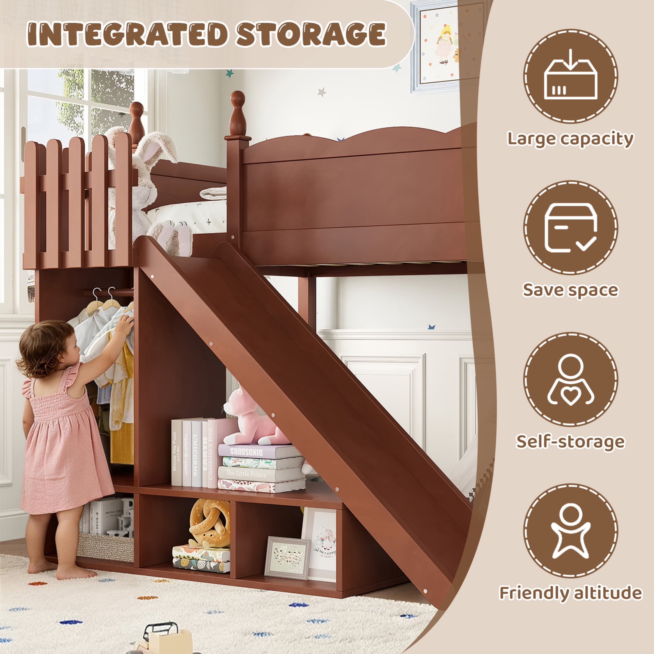 Noble House Full Loft Bed with Storage Shelves, Detachable Slide and Ladder, Antique Natural