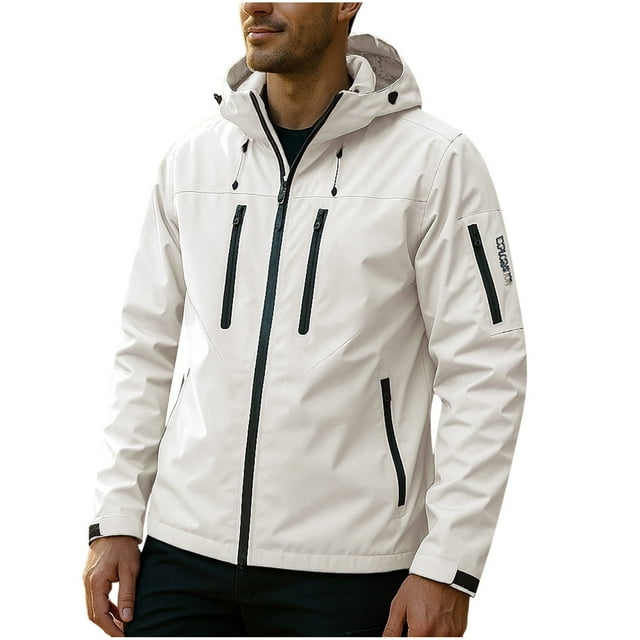 Lovzfmll Men's Rain Jacket Waterproof Windproof Hooded Outdoor Shell White, M
