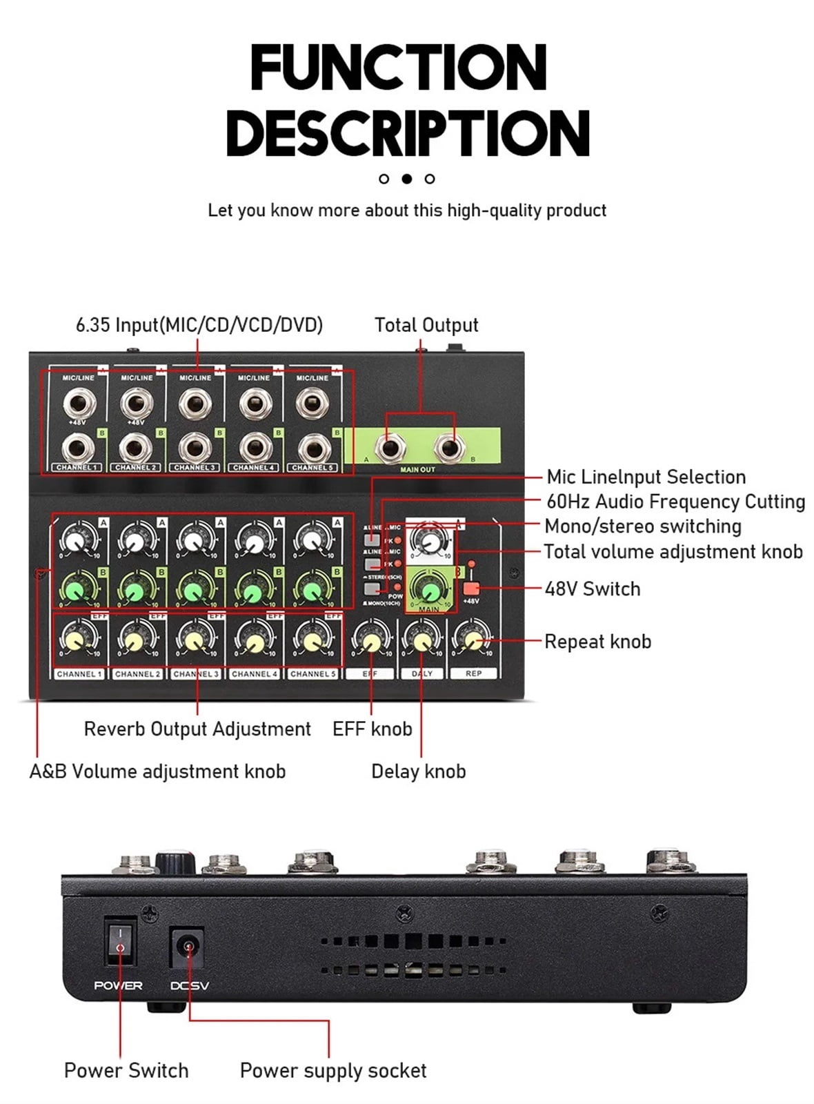 10 Channel Mixing Console Digital Audio Mixer Stereo Mic/Line Mixer with Reverb & 48V Phantom Power 10 channel sound table ,Precision Control