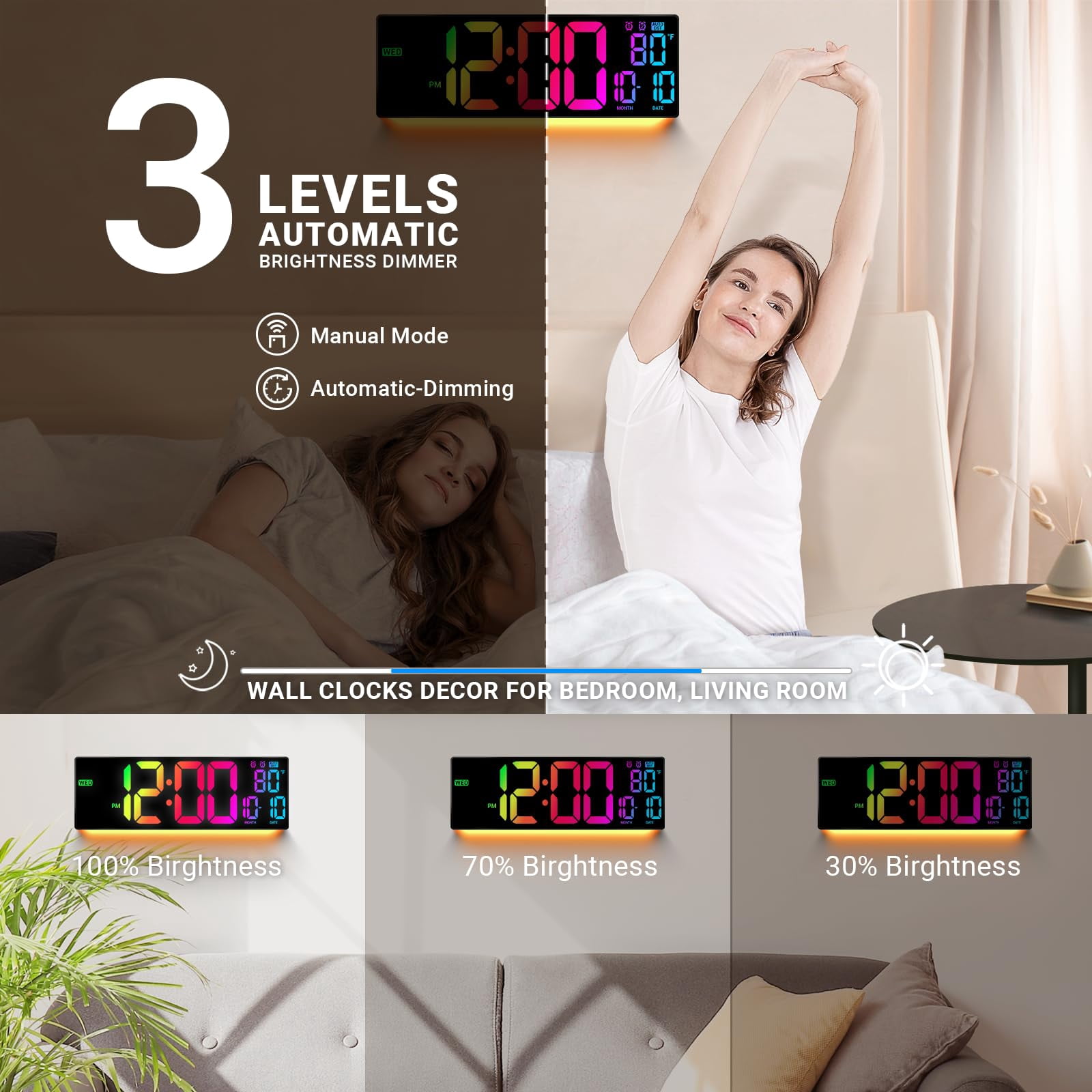 16" Large Digital Wall Clock: Wall Mount Clock with Big Led, Count Down Timer, Alarm, Big LED, 4 RGB Color, DST, Temperature for Living Room Bedroom Office Desk Wall Decor, Black