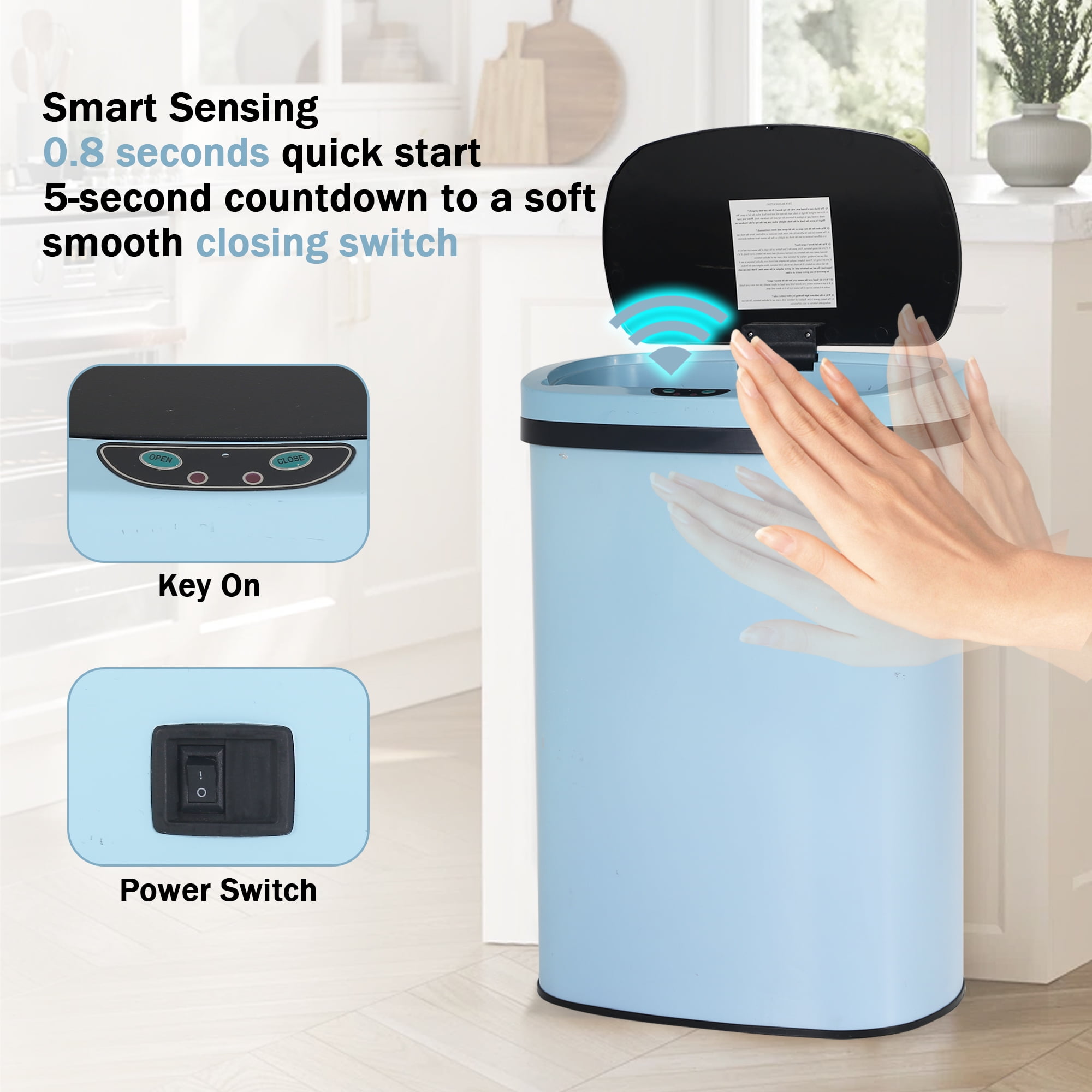 Touch Free Stainless Steel Trash Can 13 Gallon for Kitchen, Automatic Garbage Can with Lid Trash Bin for Bathroom Kitchen Wastebaskets for Bedroom Auto Open Trash Cans Motion Sensor, Blue