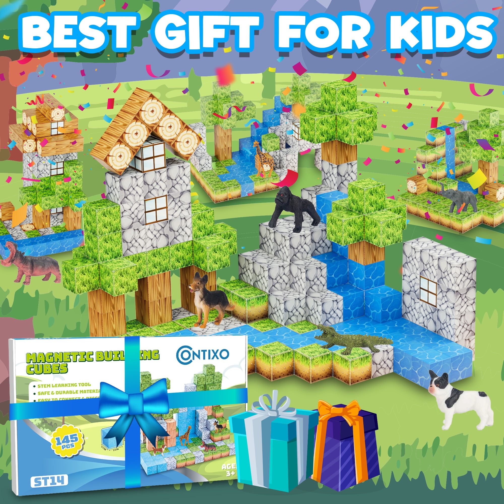Contixo Magnetic Building Blocks Set for Kids, STEM and Creative Play Magnetic Toys with Animal Figures, 145-Piece