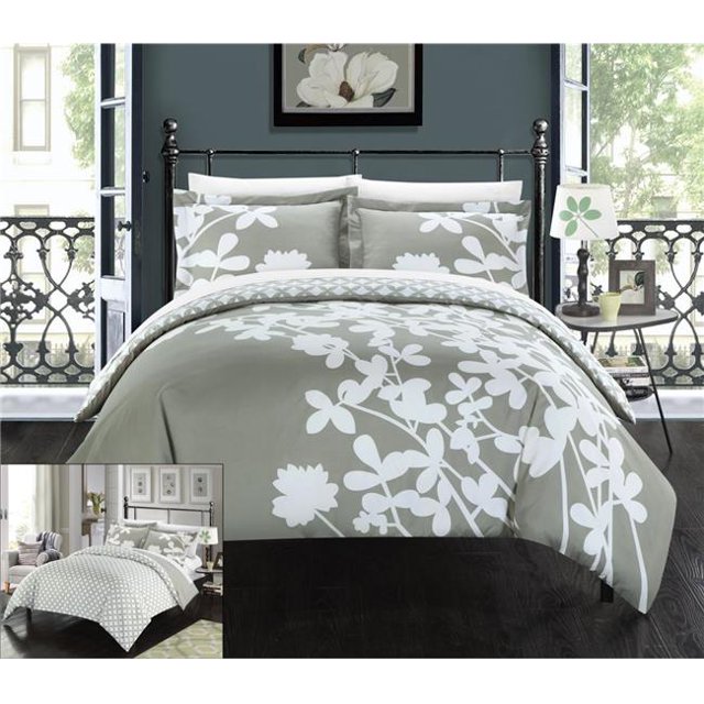 Sweetpea Reversible Scale Floral Design Printed with Diamond Pattern Reverse Duvet Cover Set - Grey - Queen & Large - 3 Piece