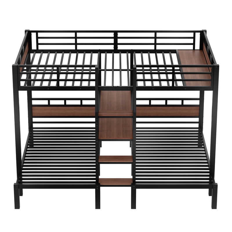Queen/Twin/Twin Triple Bunk Bed, Kids/Teens Metal Bed Frame with Multi-functional Storage Stairs, Accent Two-Tone Platform Bed