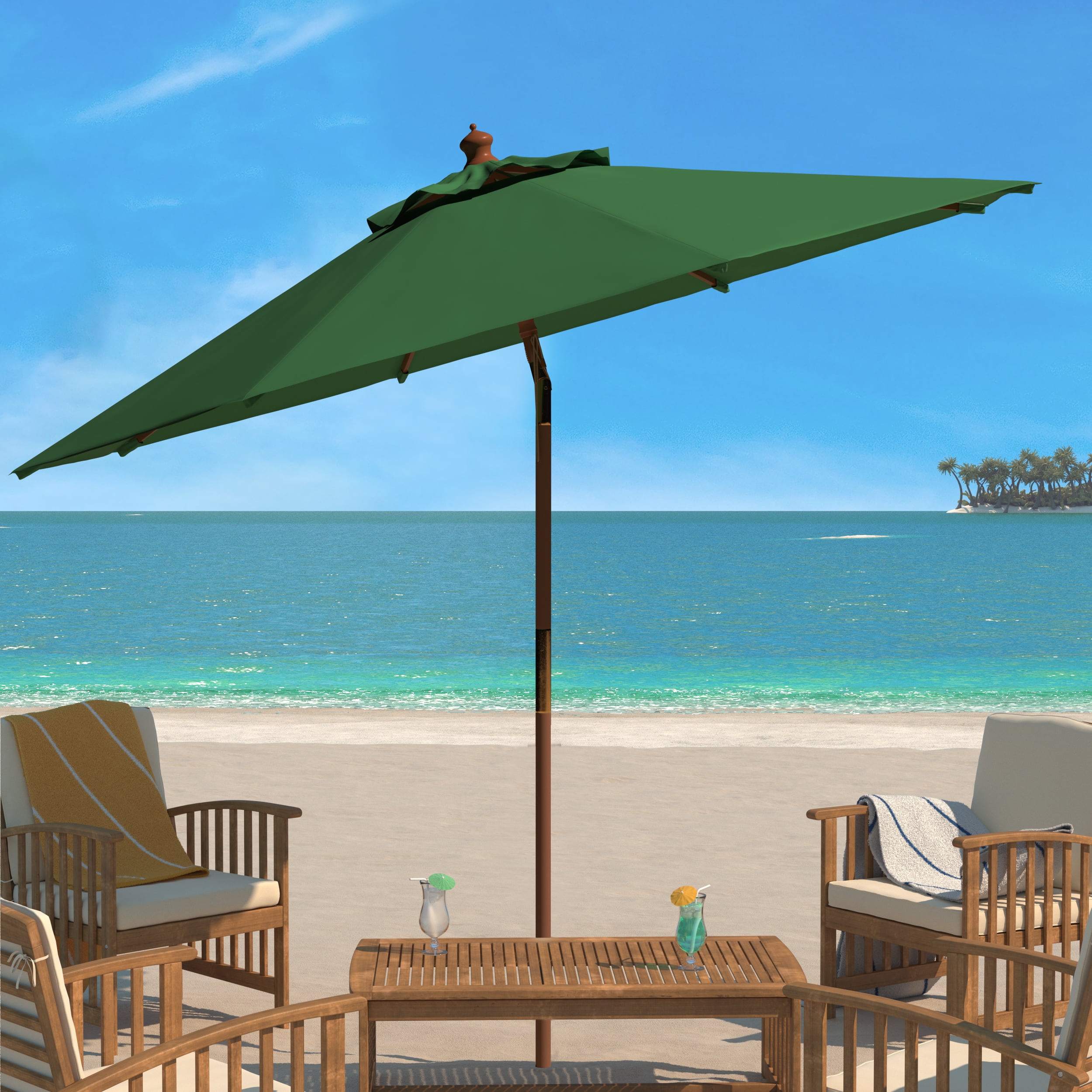 SAFAVIEH Cannes 9' Market Push Wooden Patio Umbrella, Hunter Green