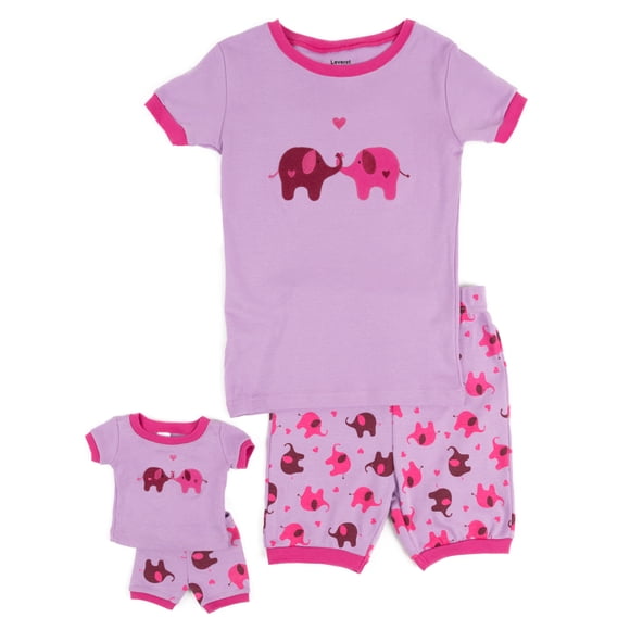 Pijama Leveret para niña y muñeca, pijama corto con elefantes
