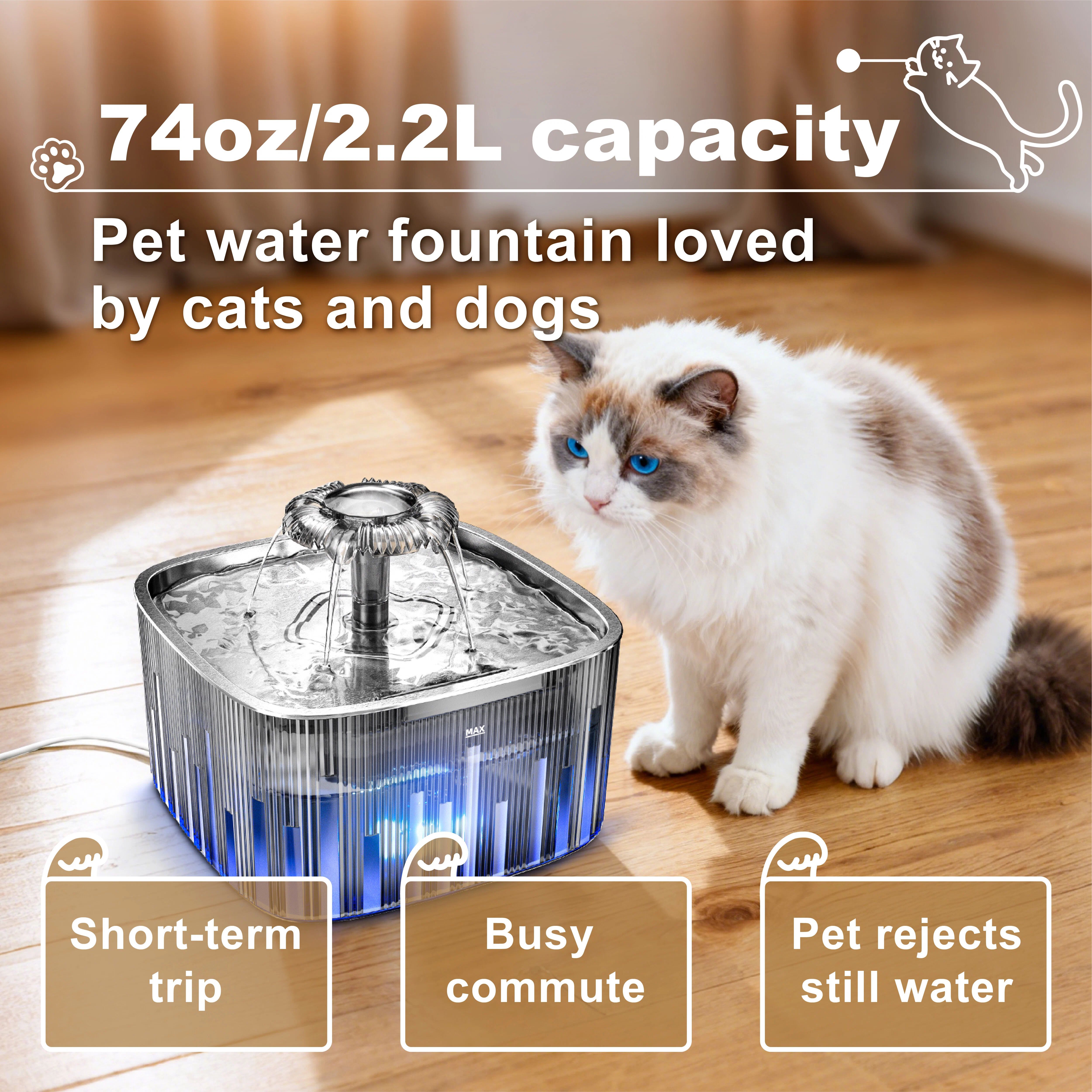 Cat Water Fountain Stainless Steel:77oz/2.2L Water Fountains for Cats Indoor - Cat Water Fountain for Drinking - Automatic Cat Watering Bowl Dispenser with Low Water Level Indicator Light