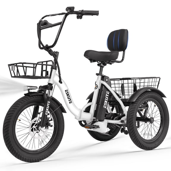 ESKUTE Adults Electric Trike Bike, 750W Motor & 499.2Wh Removable Battery,18x3.0 Fat Tire Foldable 3-Wheel E-Bike with Step-Thru Design, Up to 55 Miles,White