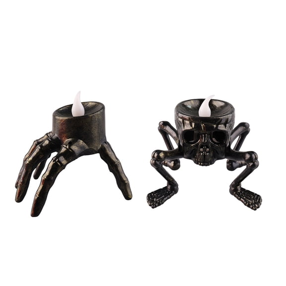 Spooky Halloween Skeleton Hand & Head 2 Set Of Flameless Candle Lights, Creepy Candles Halloween Decorative Lights
