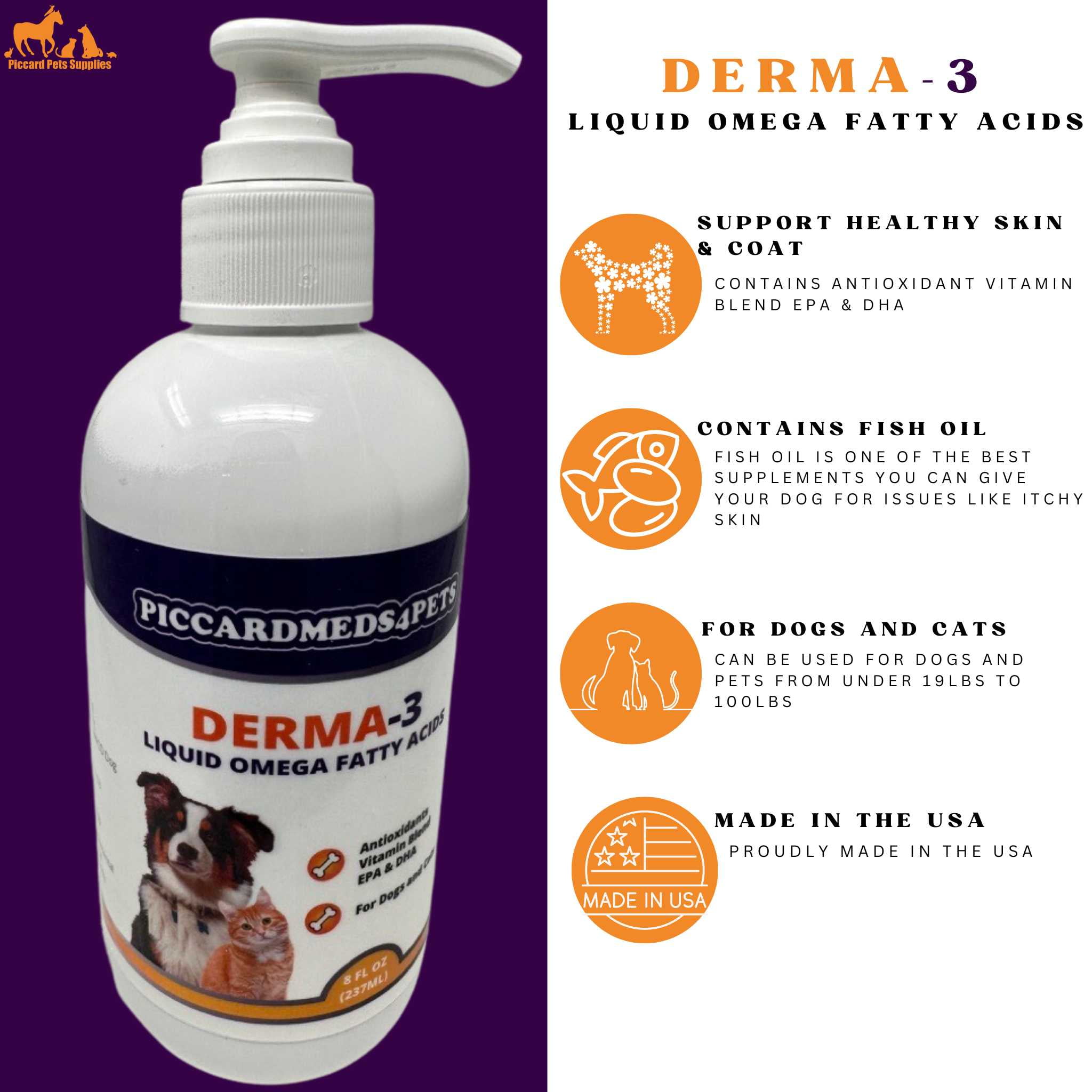 Piccardmeds4pets Derma-3 Liquid Omega-3 Fatty Acids w/Pump 8 oz.