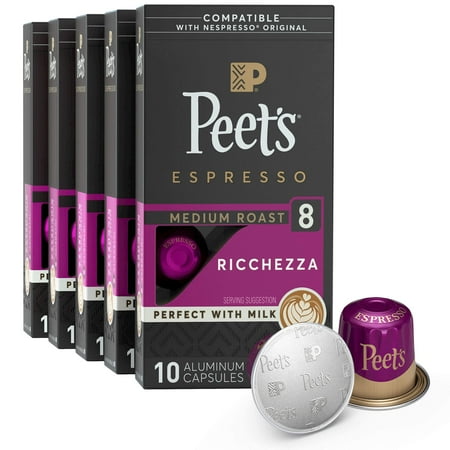 (Best by 12/02/2025) Peet s Coffee Medium Roast Espresso Pods Cafe Inspired Ricchezza Intensity 8 10 Count (Pack of 5)