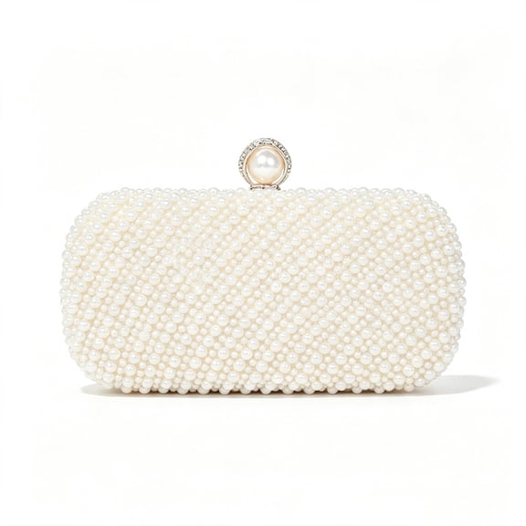 Women's Pearl Evening Clutch Purse, Elegant Bridal Wedding Party Handbag with Detachable Chain, White