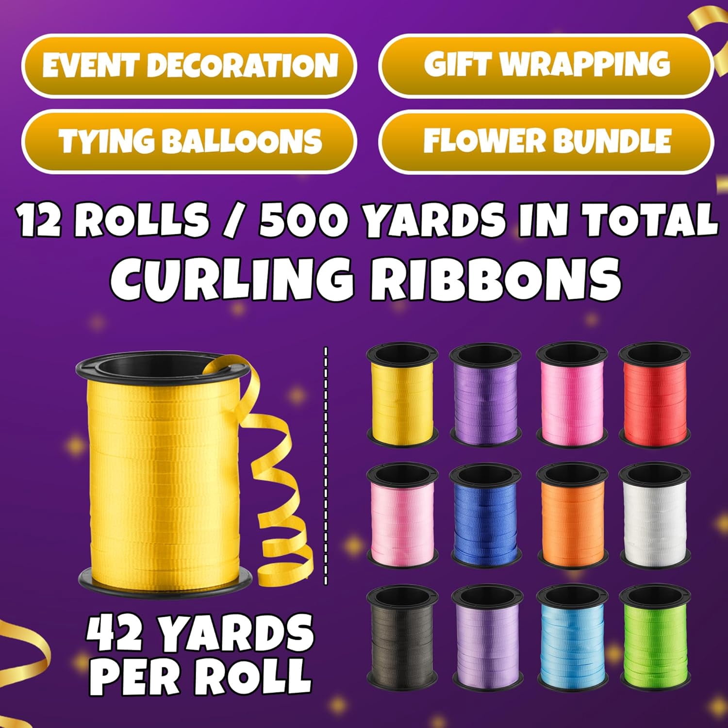 12-Rolls Curling Ribbon for Gift Wrapping - 3/16in x 125 Feet Per Roll Balloon String Set Presents, Bows, DIY Arts & Crafts, Wedding, Happy Birthday Decorations, Assorted Colors