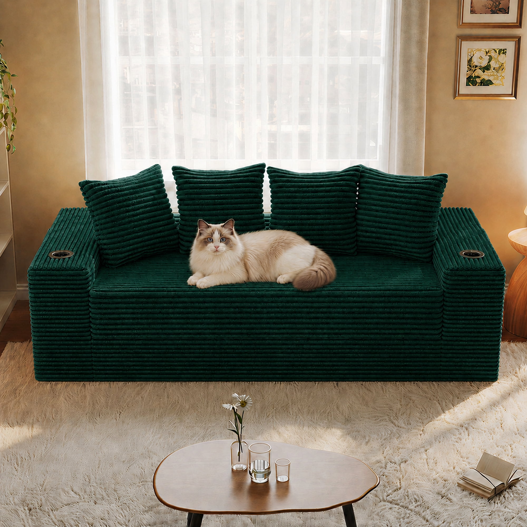 GARITIN Frameless Teddy Couch Bed 77 Inch, Boneless Corduroy Convertible Sofa with Cup Holders and Side Storage for Living Room, Green