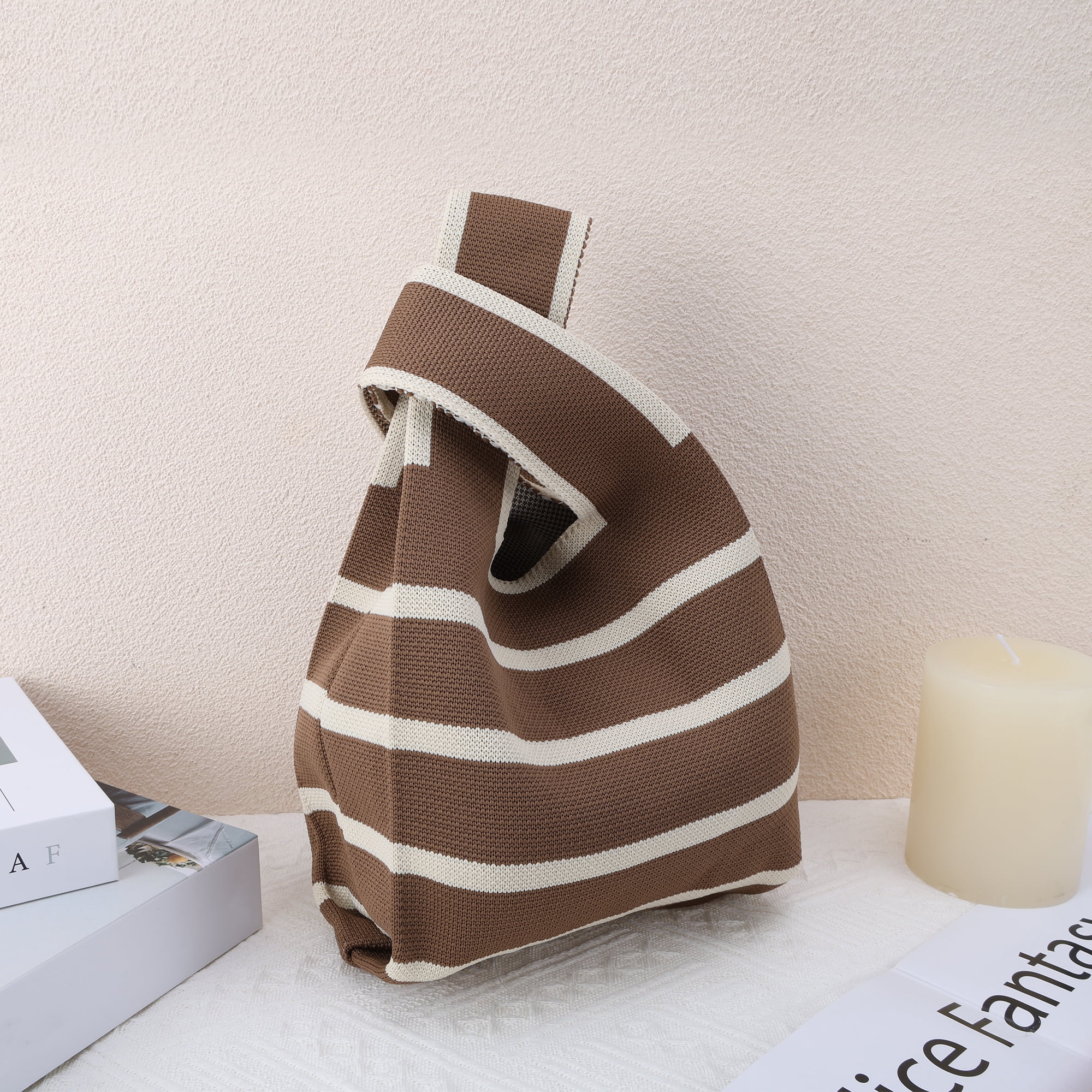 Unique Bargains Stylish Horizontal Stripes Knitted Wrist Bag for Everyday Use Coffee Color