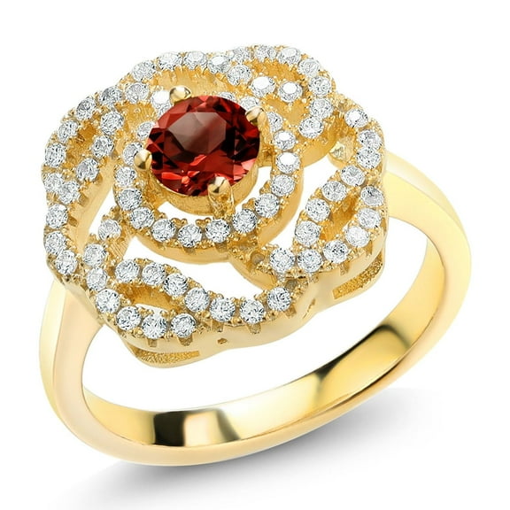 Gem Stone King 18K Yellow Gold Plated Silver Round Red Garnet Flower Blossom Ring for Women (2.03 Cttw, Gemstone January Birthstone, Size 9)