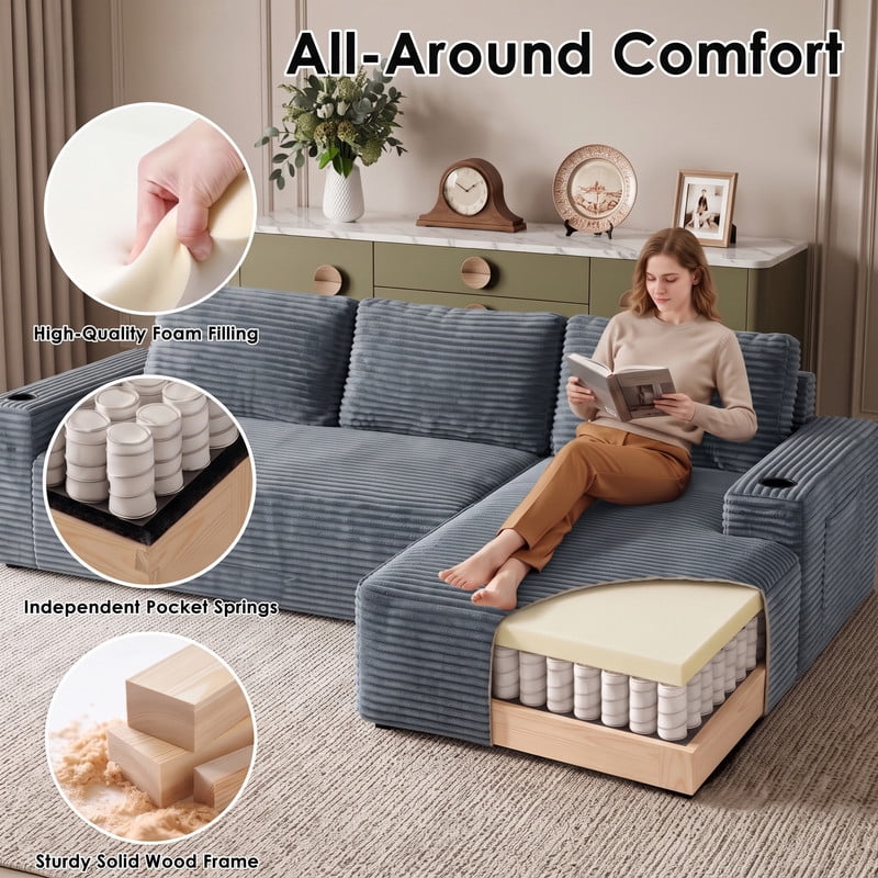 Anpport 104" Boneless Cloud Modular Sectional Couch, Corduroy Sofa with Cup Holders, Side Pockets, Deep Seat, No Assembly Required for Living Room, Gray (R‑Shaped, Right Facing Chaise)