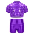 thumbnail image 3 of iiniim Kids Girls Sparkle Dance Crop Top with Shiny Hot Shorts Set Hip Hop Street Dance Performance Purple 8, 3 of 5