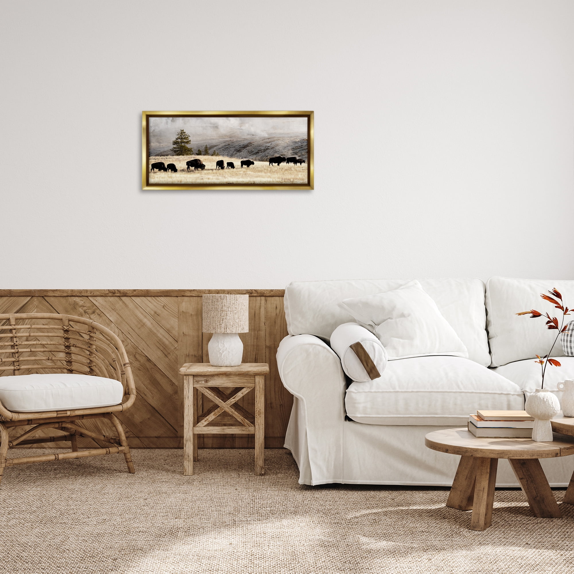 Stupell Industries Grazing Bison Foggy Countryside Animals & Insects Photography Gold Floater Framed Canvas Art Print Wall Art, 25 x 11