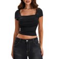 thumbnail image 2 of Michellecmm  Women's Ruched Cropped Tops Solid Short Sleeve Square Neck T-Shirt, 2 of 9